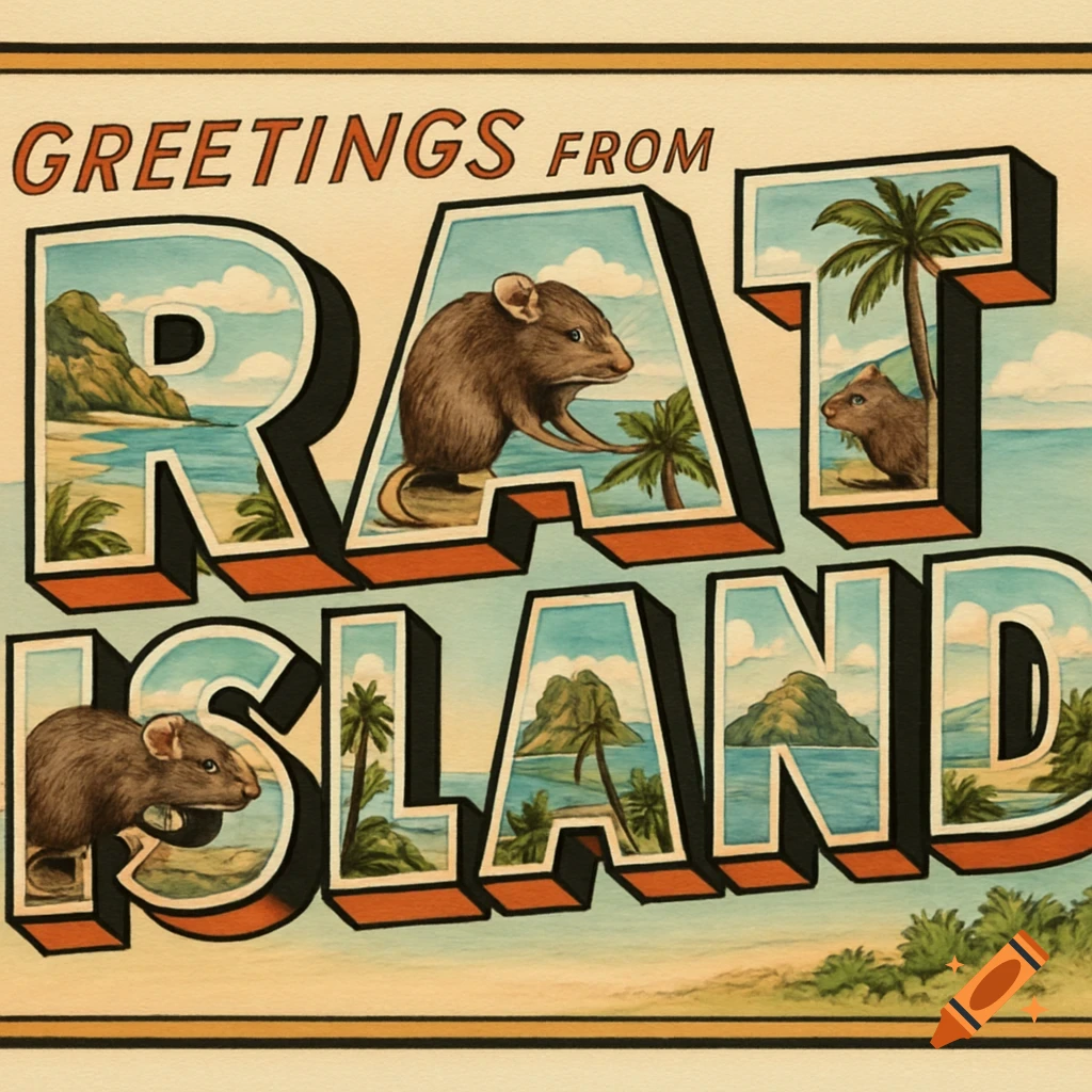 Vintage postcard 'Greetings From Rat Island' with rats on a tropical island scene.