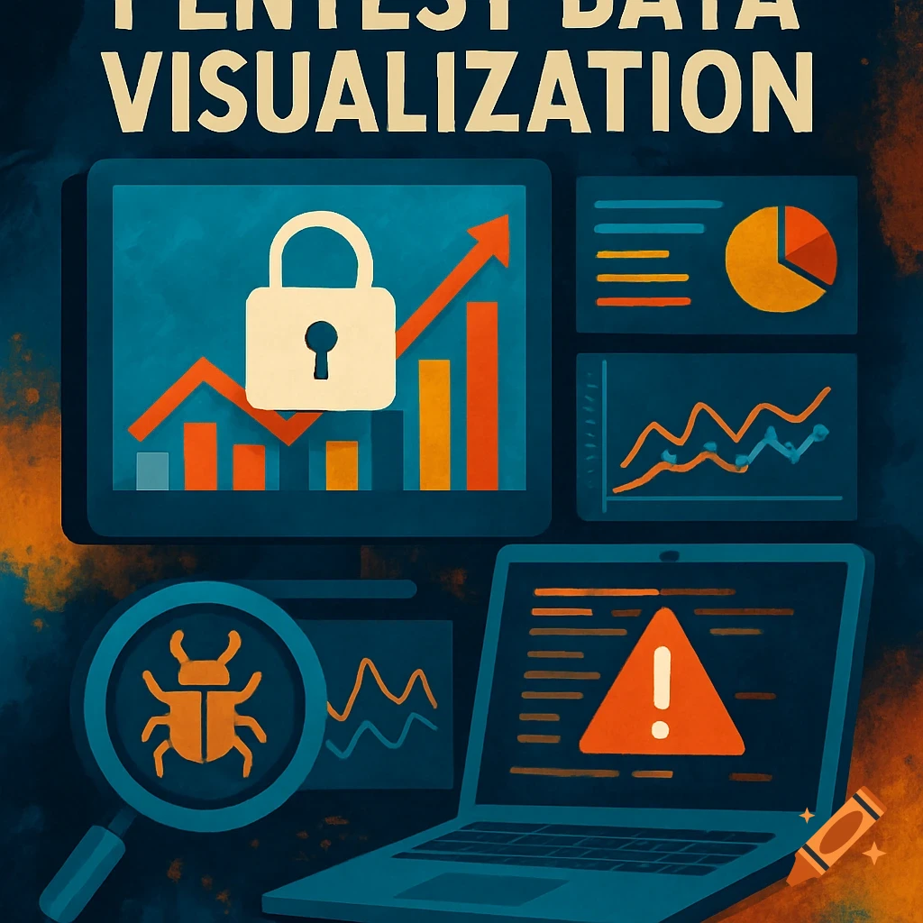 Abstract illustration of cybersecurity data visualization with charts, lock, bug, and laptop.