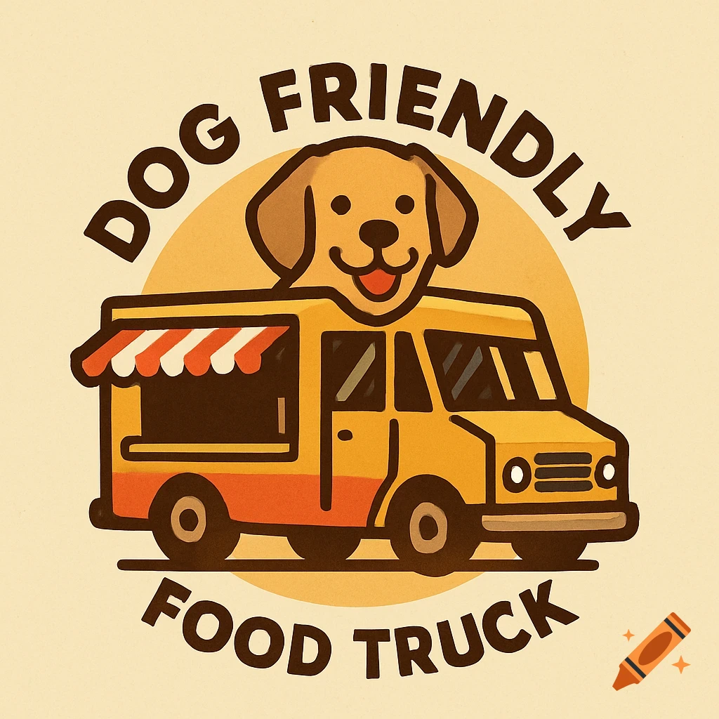 Logo of a cartoon yellow food truck with a smiling dog head on top, with text 'DOG FRIENDLY FOOD TRUCK' around it.