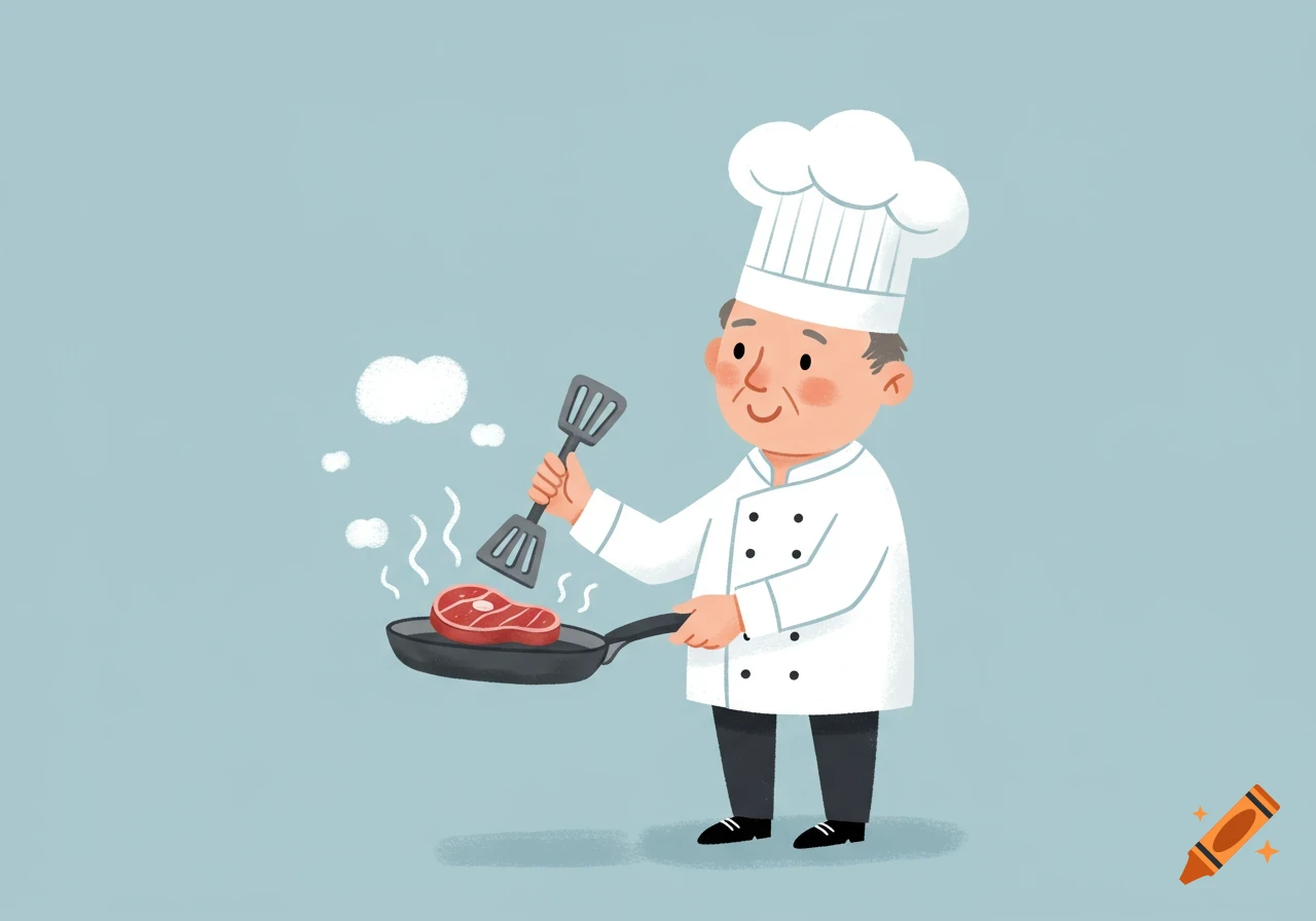 Cartoon illustration of a chef cooking a steak in a pan.