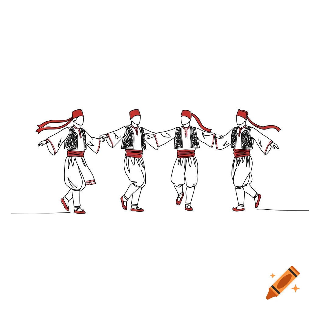 Line drawing of four figures in traditional Serbian folk costumes performing a kolo dance.