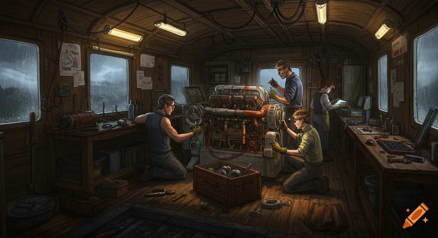 Several mechanics repair a large engine inside a workshop within a train car during a rainstorm.