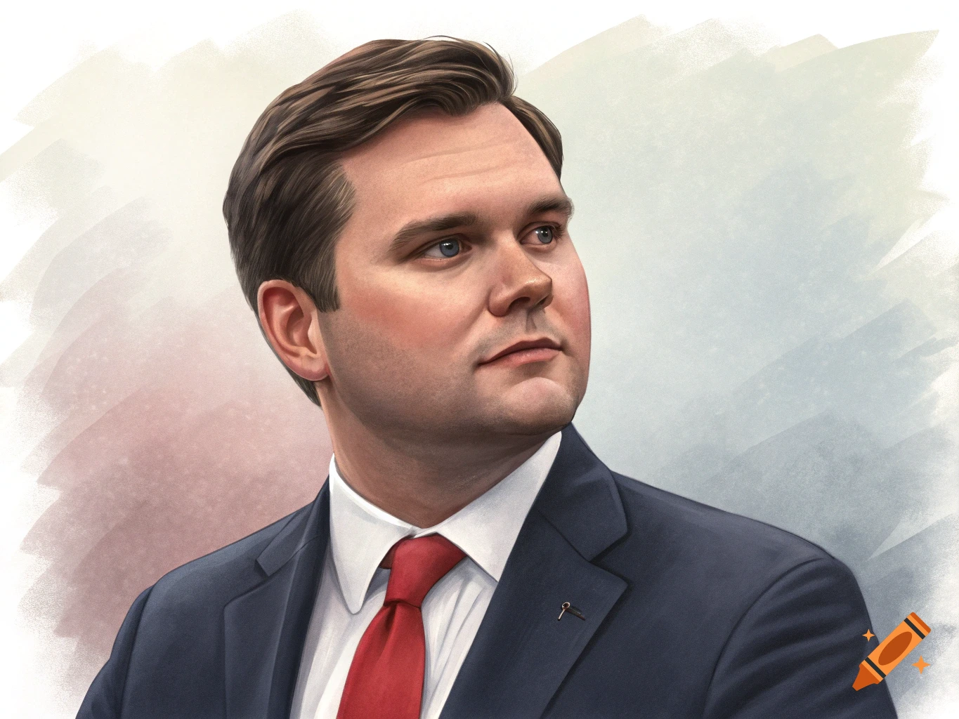 Painted portrait of JD Vance in a suit and red tie looking right.