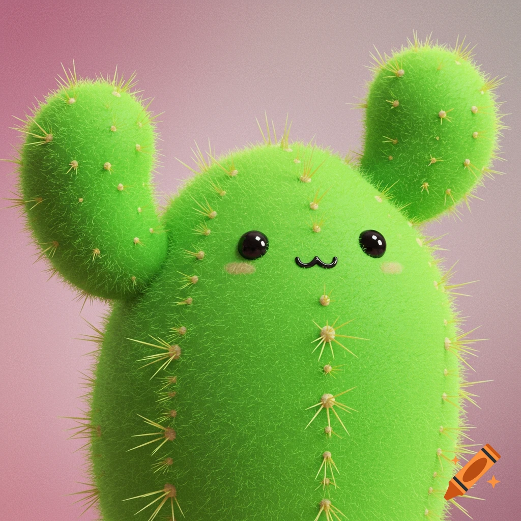 A cute, fluffy green cactus with a face and arms against a pink background.
