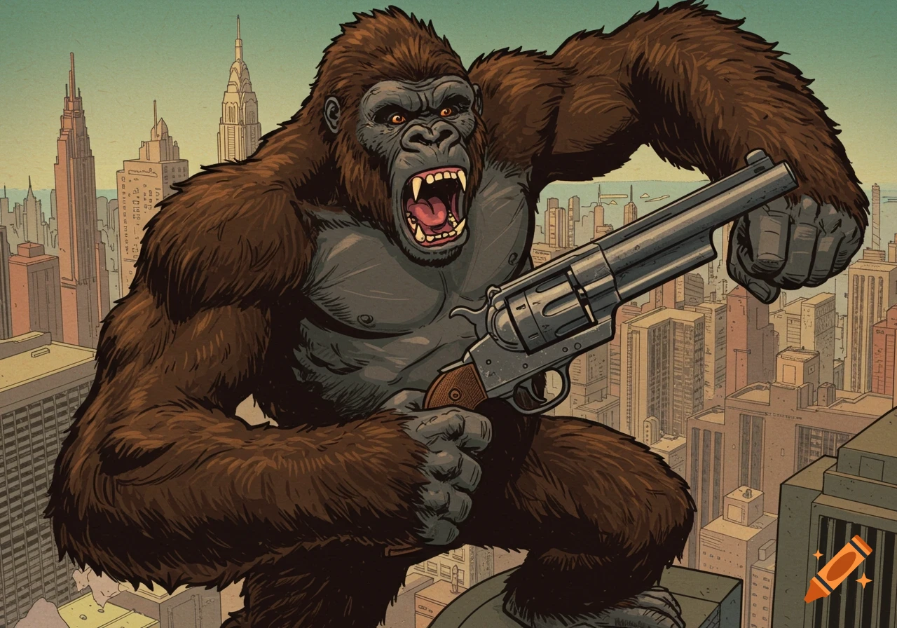 Giant ape stands on skyscraper holding a large revolver, illustration.
