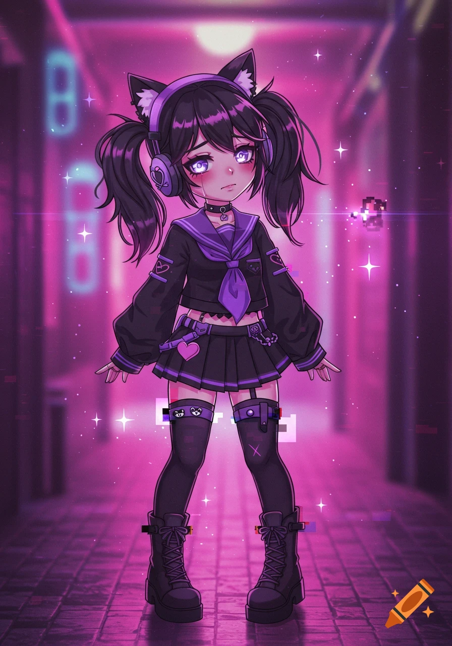 Anime girl with cat ears, twin tails, headphones, and dark sailor uniform in a neon purple alley.