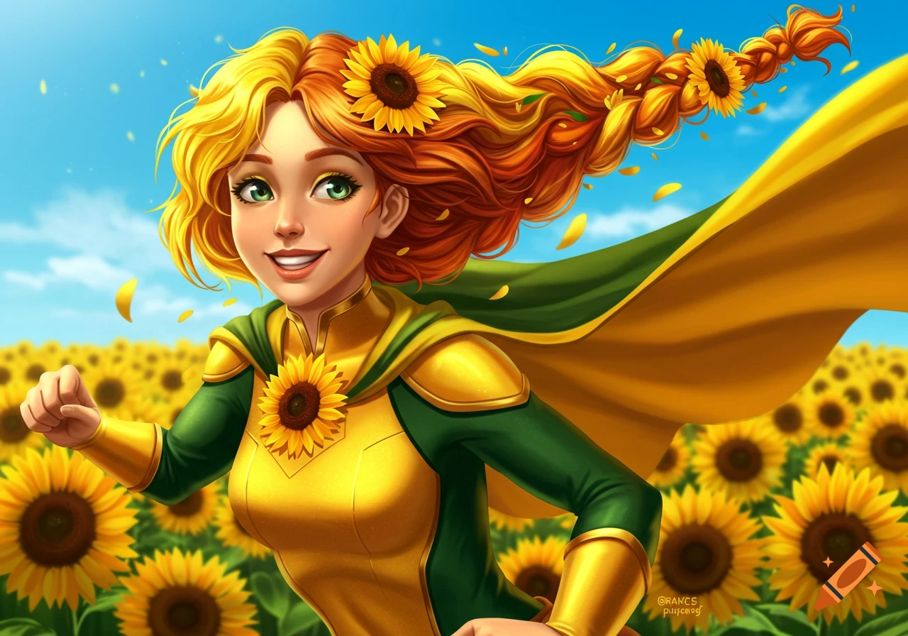 Female superhero with sunflower-braided hair runs through a field of sunflowers.