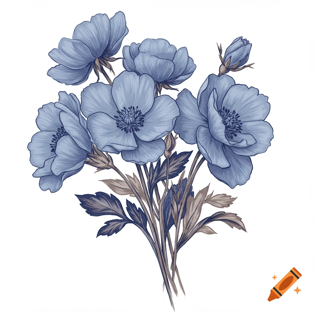 Illustration of a bouquet of dusty blue flowers with navy and tan leaves and stems.
