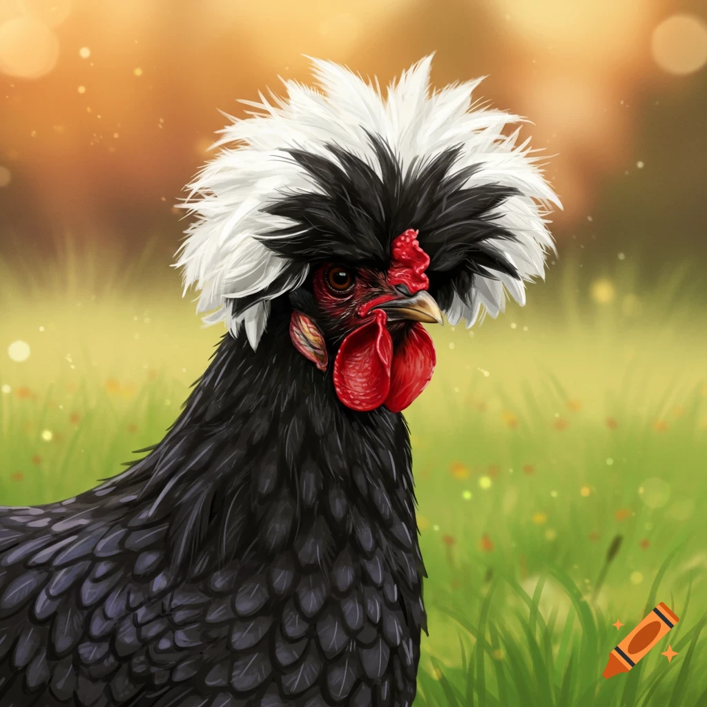 Close-up digital painting of a black Polish crested chicken with a large black and white crest standing in a grassy field.