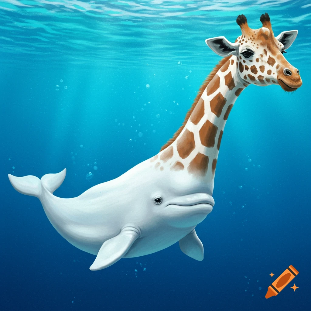 Illustration of a giraffe and beluga whale fusion swimming underwater