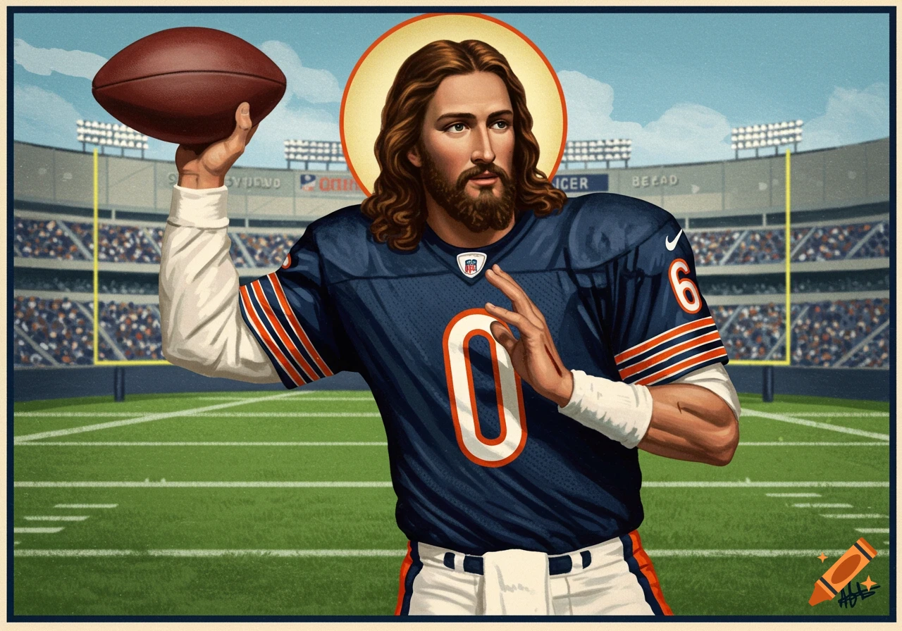 Jesus Christ throws a football in a Chicago Bears uniform in a stadium, painting style.