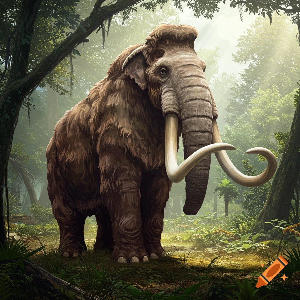 A large woolly mammoth stands in a lush, sunlit forest.