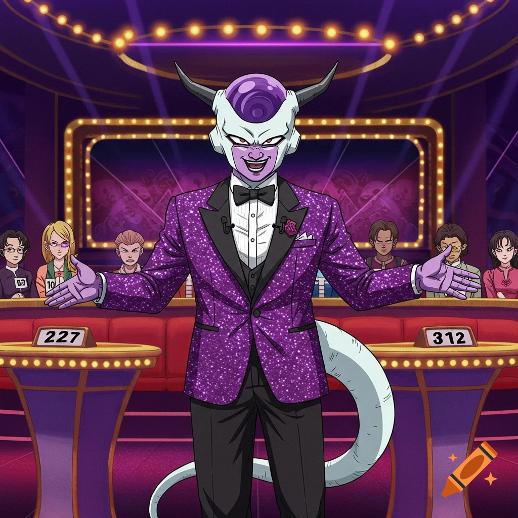 Frieza from Dragon Ball as a game show host in a sparkly purple tuxedo on a stage.