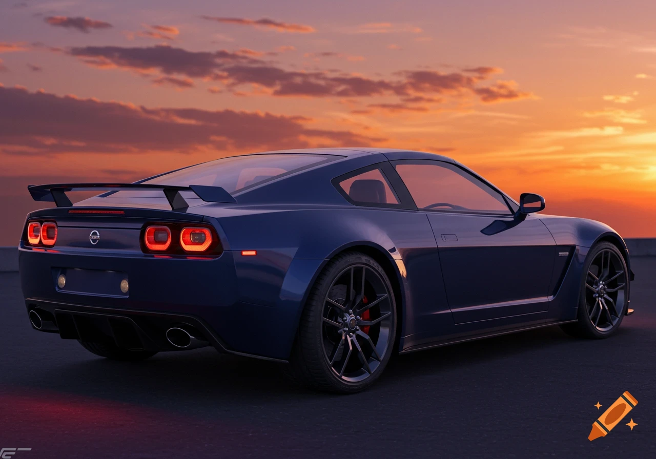 Blue sports car parked at sunset.