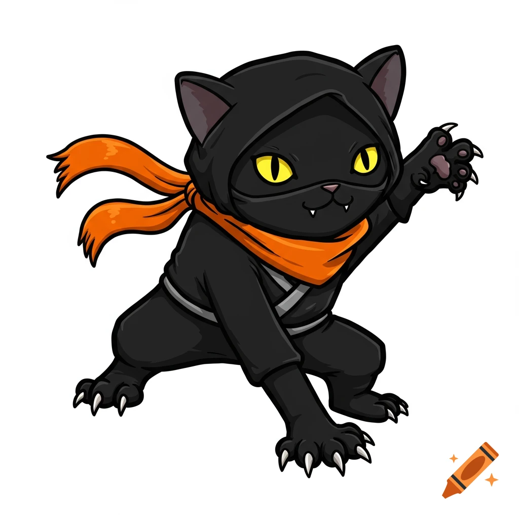 Cartoon black cat dressed as a ninja in an action pose on Craiyon