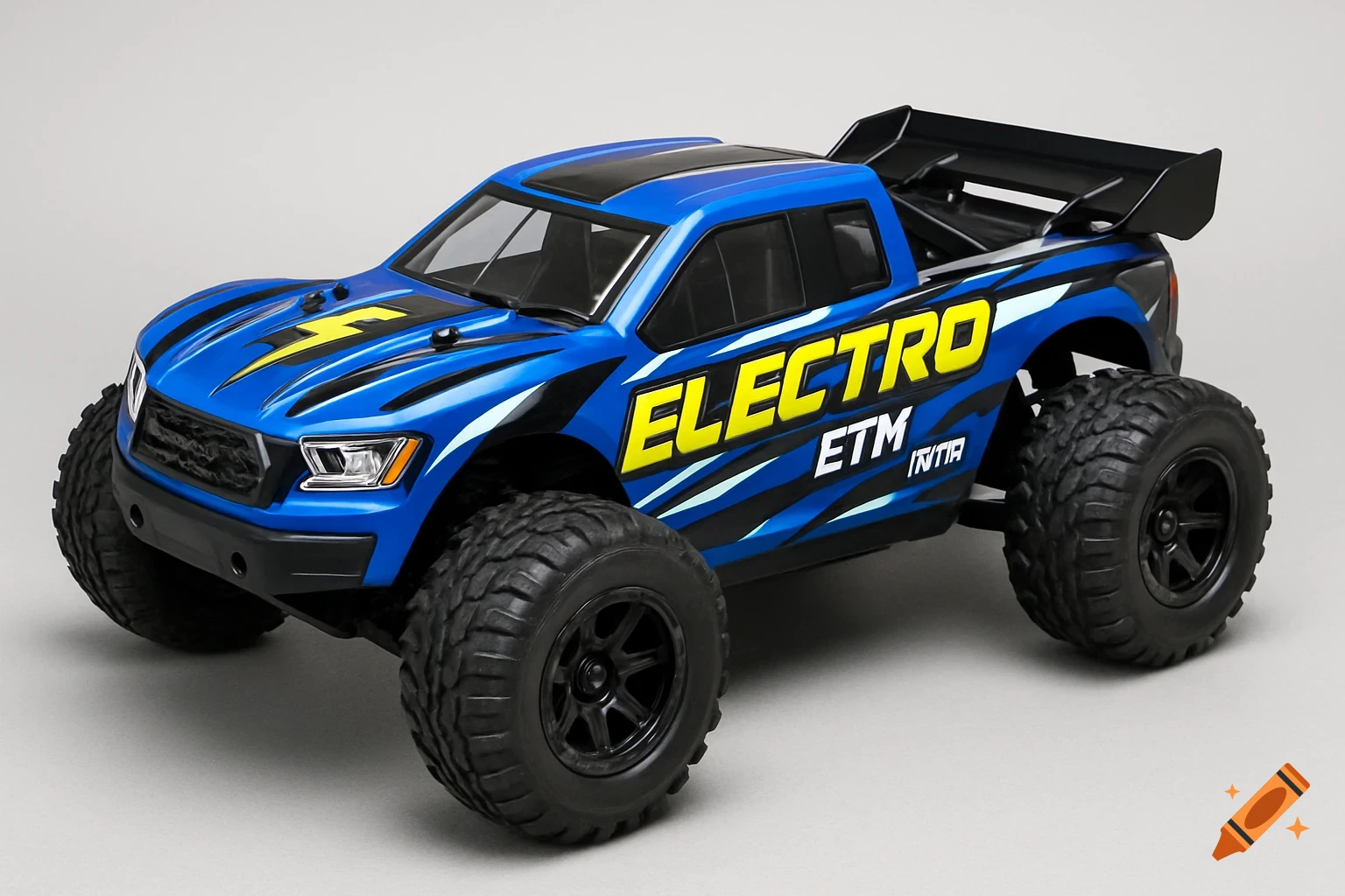 Blue RC monster truck with black and blue graphics and yellow 'ELECTRO ETM' text.