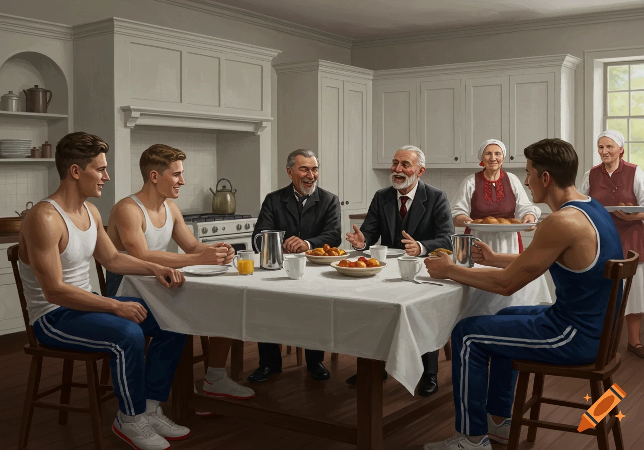 Illustration of people eating a meal at a table in a kitchen.