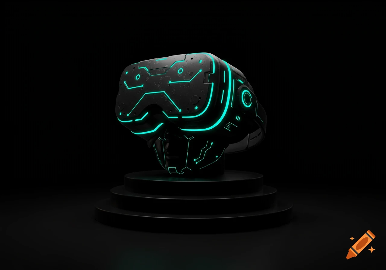A futuristic black VR headset with glowing teal lines sits on a dark platform against a black background.