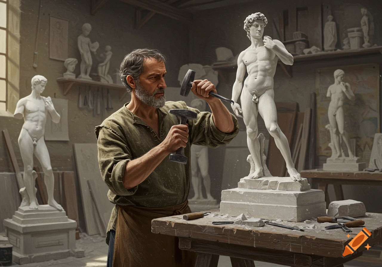 A sculptor carves a statue of David in a workshop.