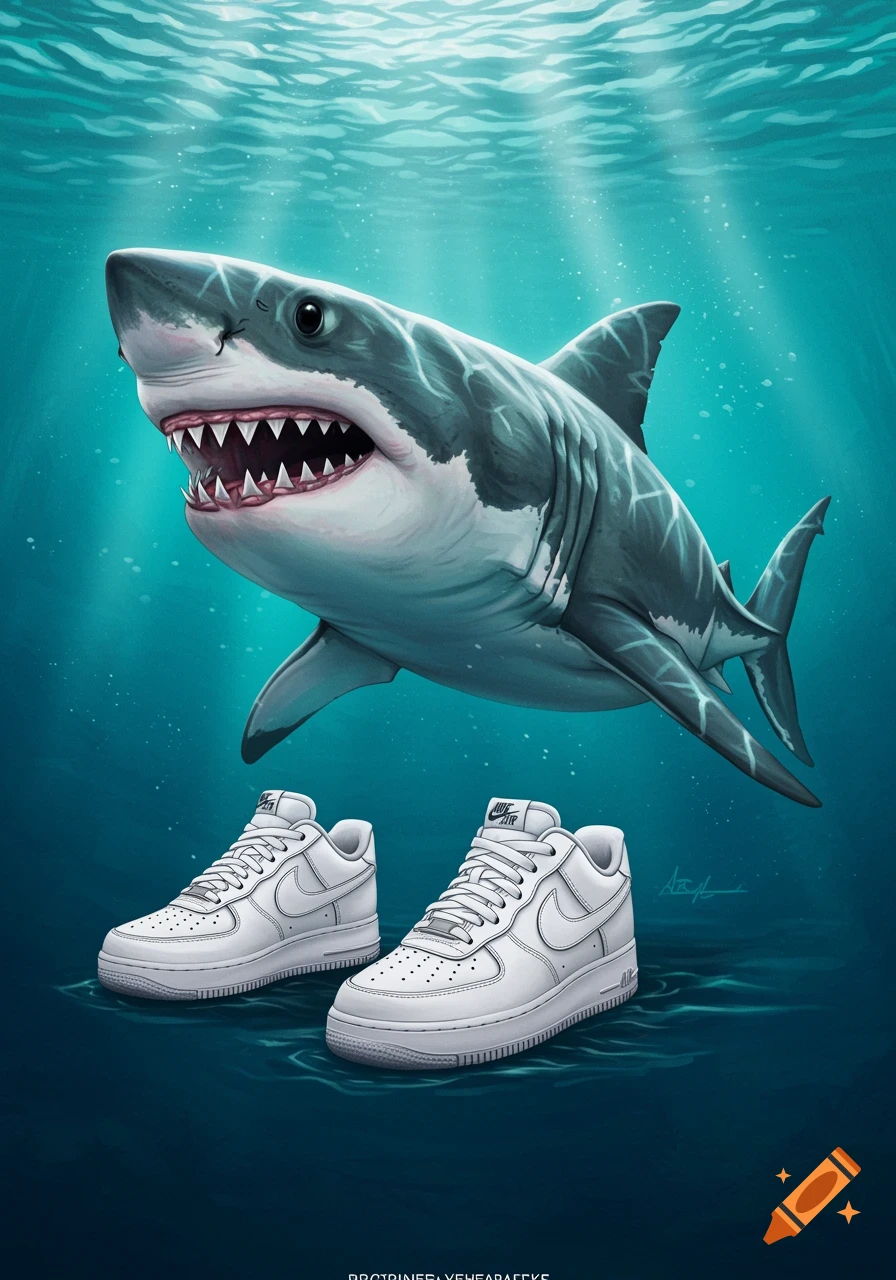 A great white shark swims above a pair of white sneakers on the ocean floor.
