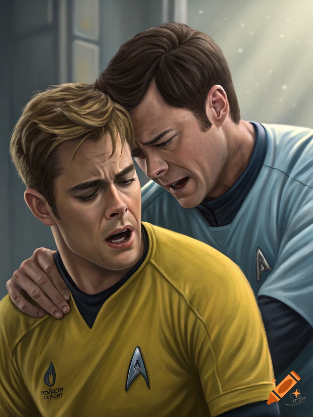 Two men in Star Trek uniforms in an emotional pose.
