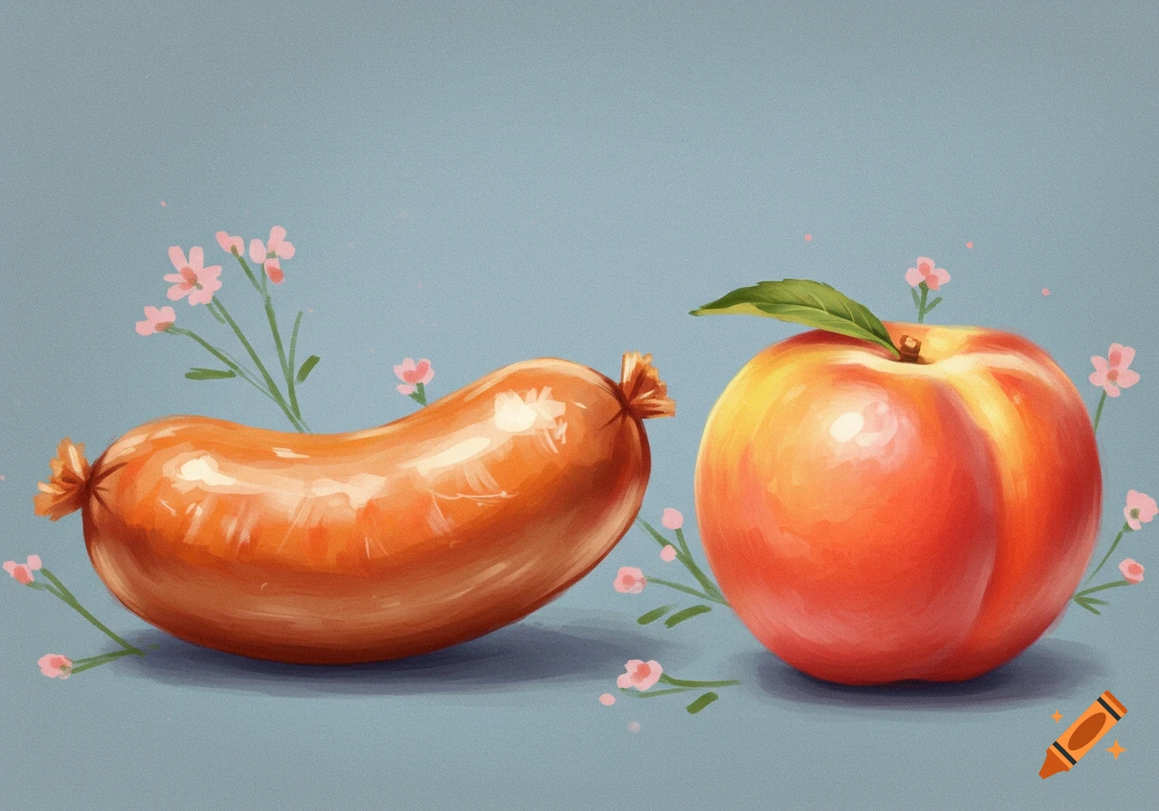 A painting of a sausage next to a peach with small pink flowers.