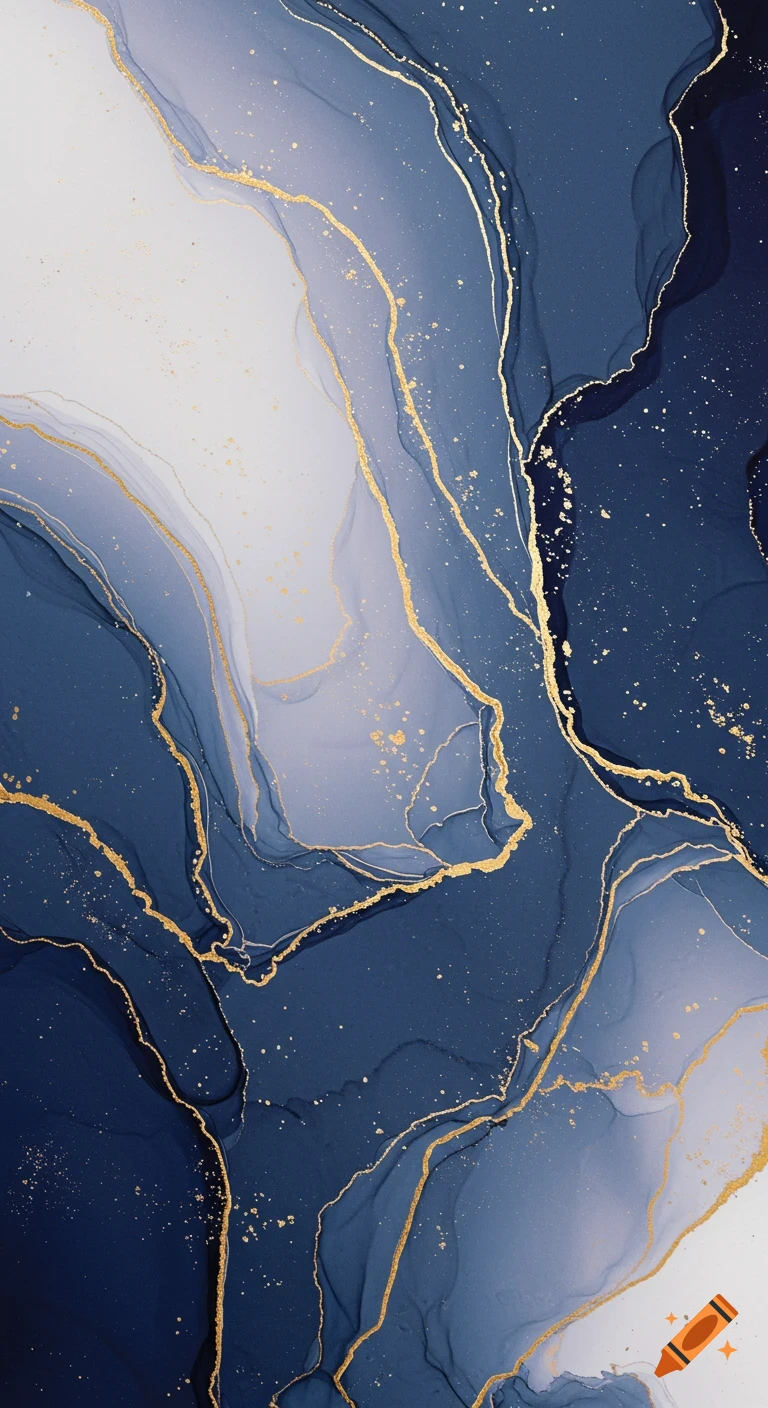 Abstract fluid art pattern with deep blue, white, and gold swirls and splatters.