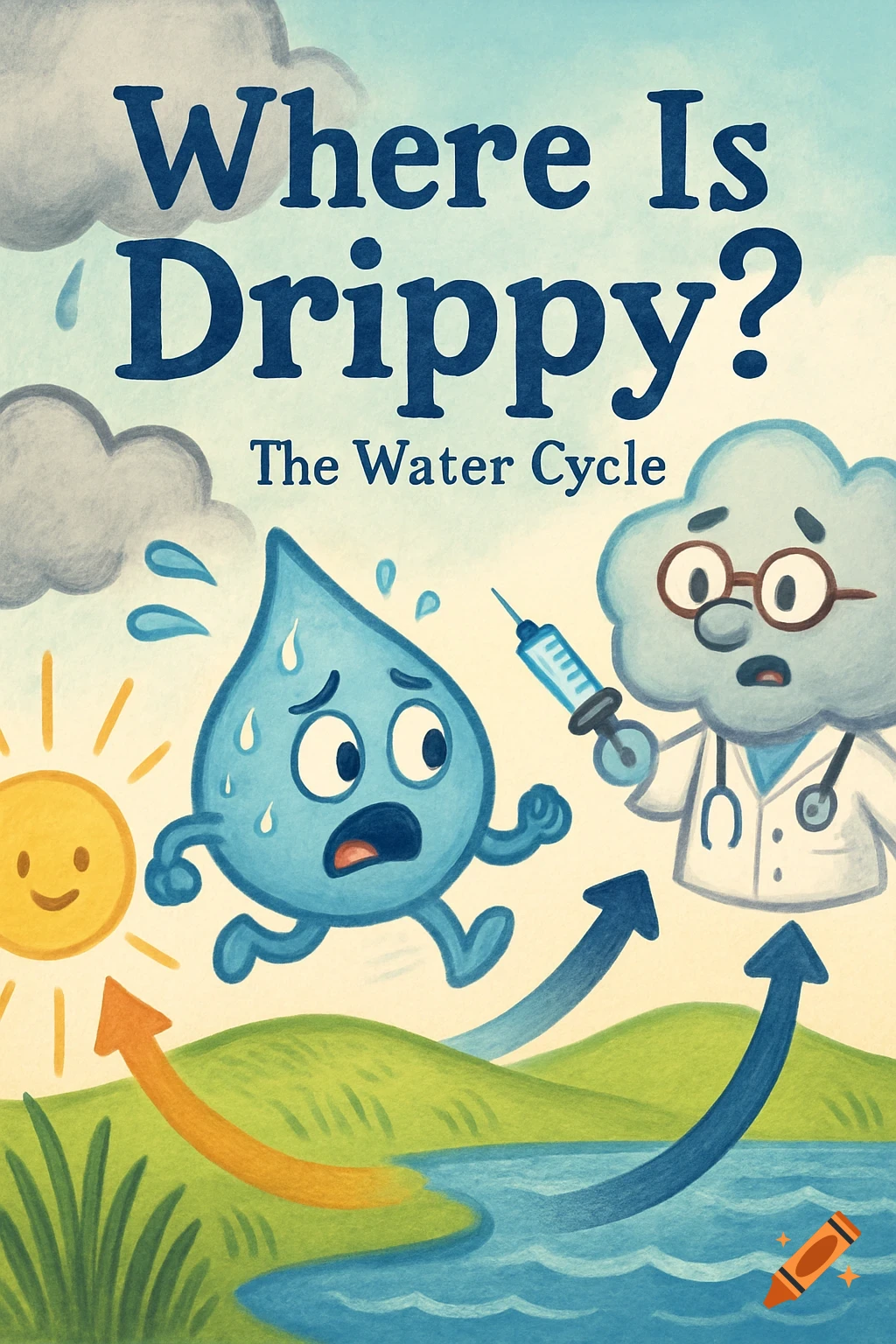 Children's book illustration with cartoon water drop and cloud doctor, showing the water cycle.