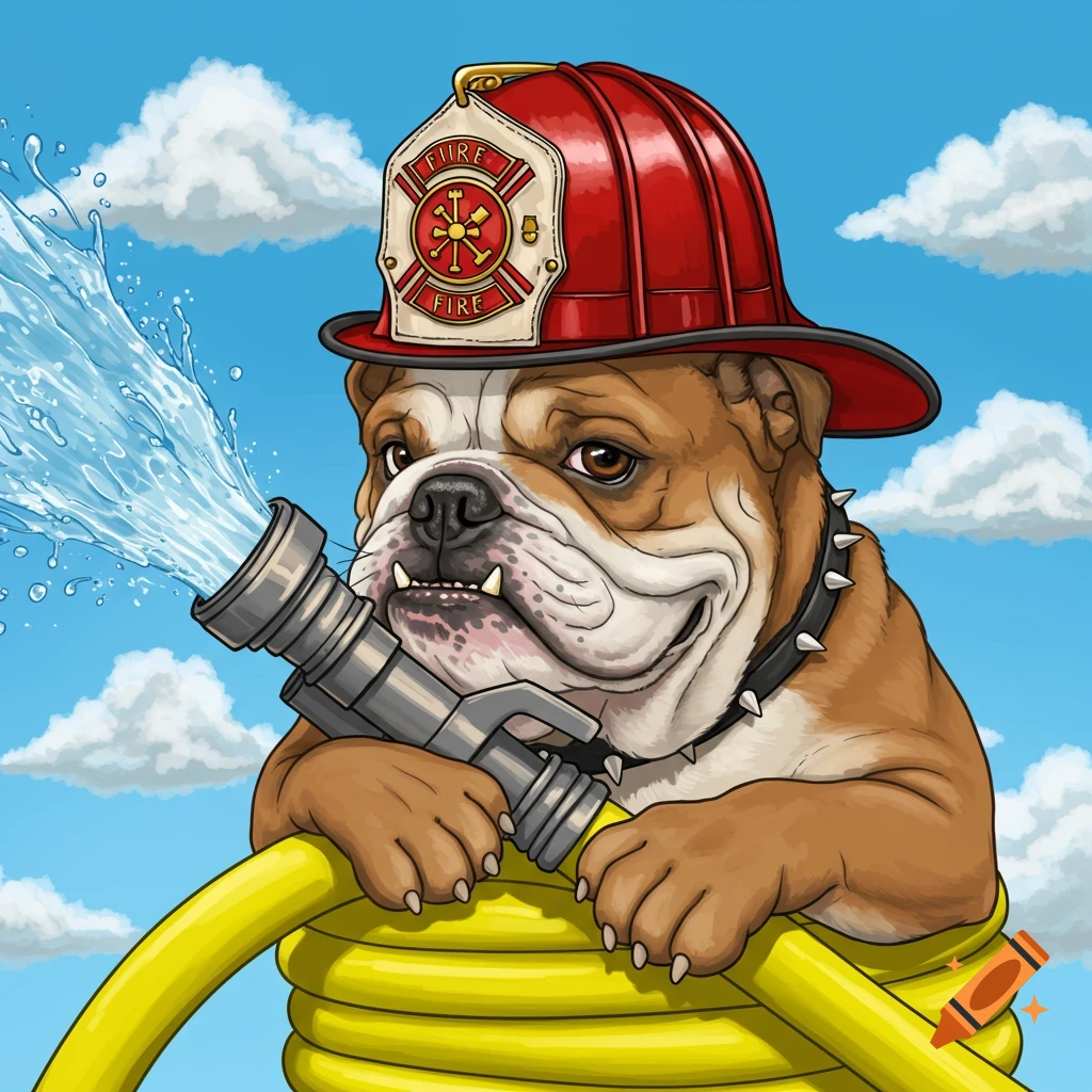 Illustration of a bulldog in a firefighter helmet holding a fire hose spraying water.