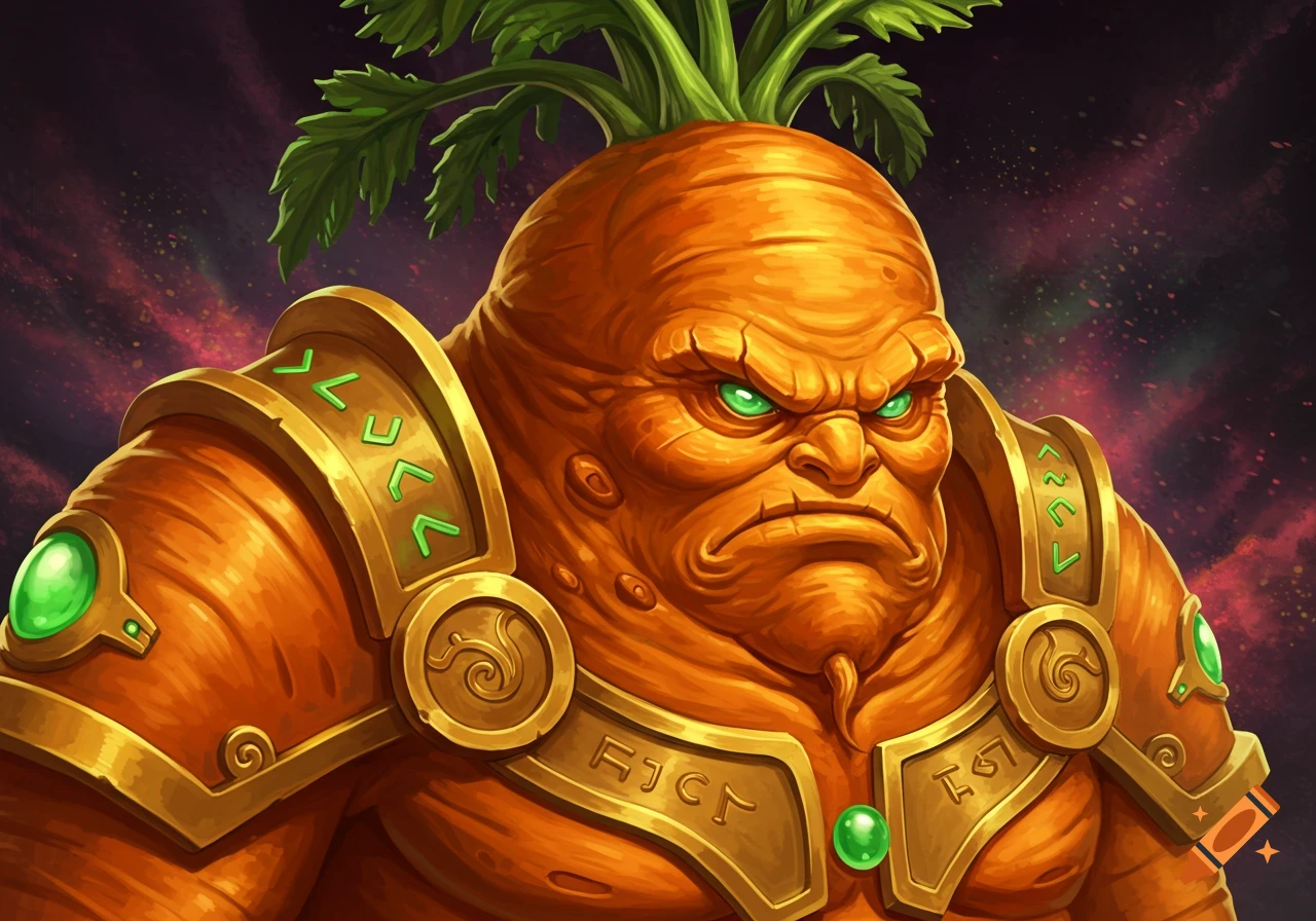 A giant angry humanoid carrot creature in gold armor against a cosmic background.