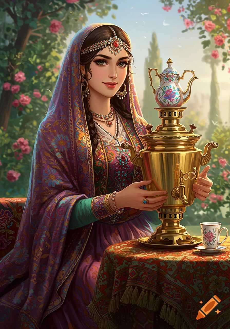 Illustrative portrait of a woman in traditional clothes holding a samovar in a garden.