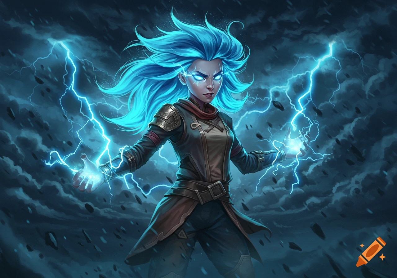 Fantasy character with blue hair and glowing eyes surrounded by ...