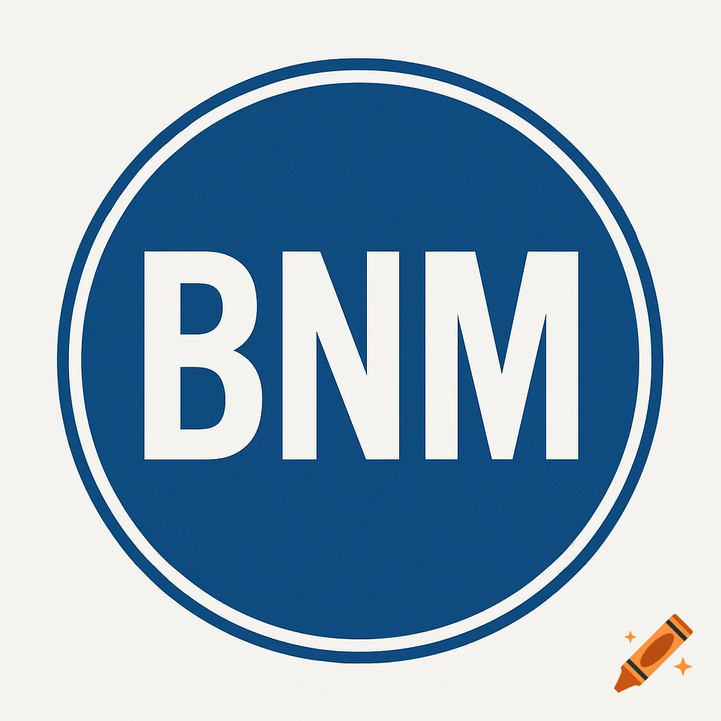 Blue circular logo with white letters BNM
