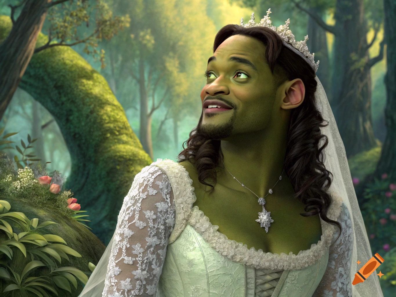 Will Smith as Fiona from Shrek in a wedding dress in a forest