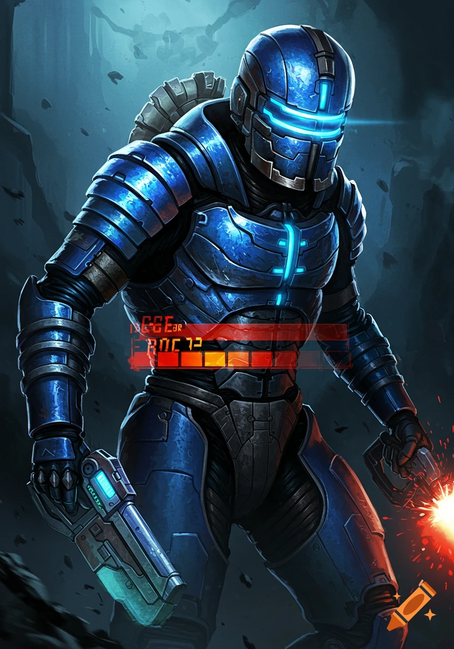 A futuristic soldier in blue and black armor holds two plasma guns, sparks flying from one.