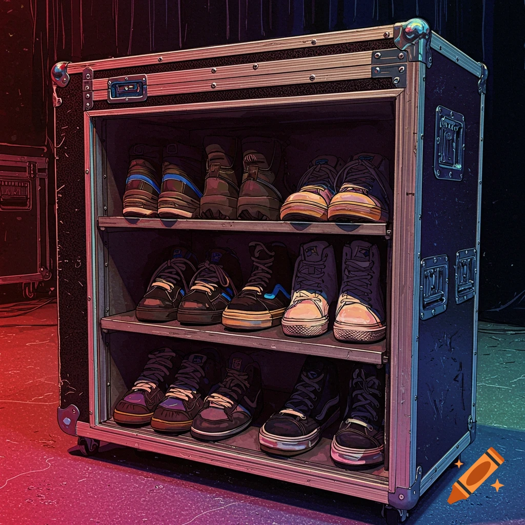 An illustration of a road case shoe rack filled with sneakers and boots.