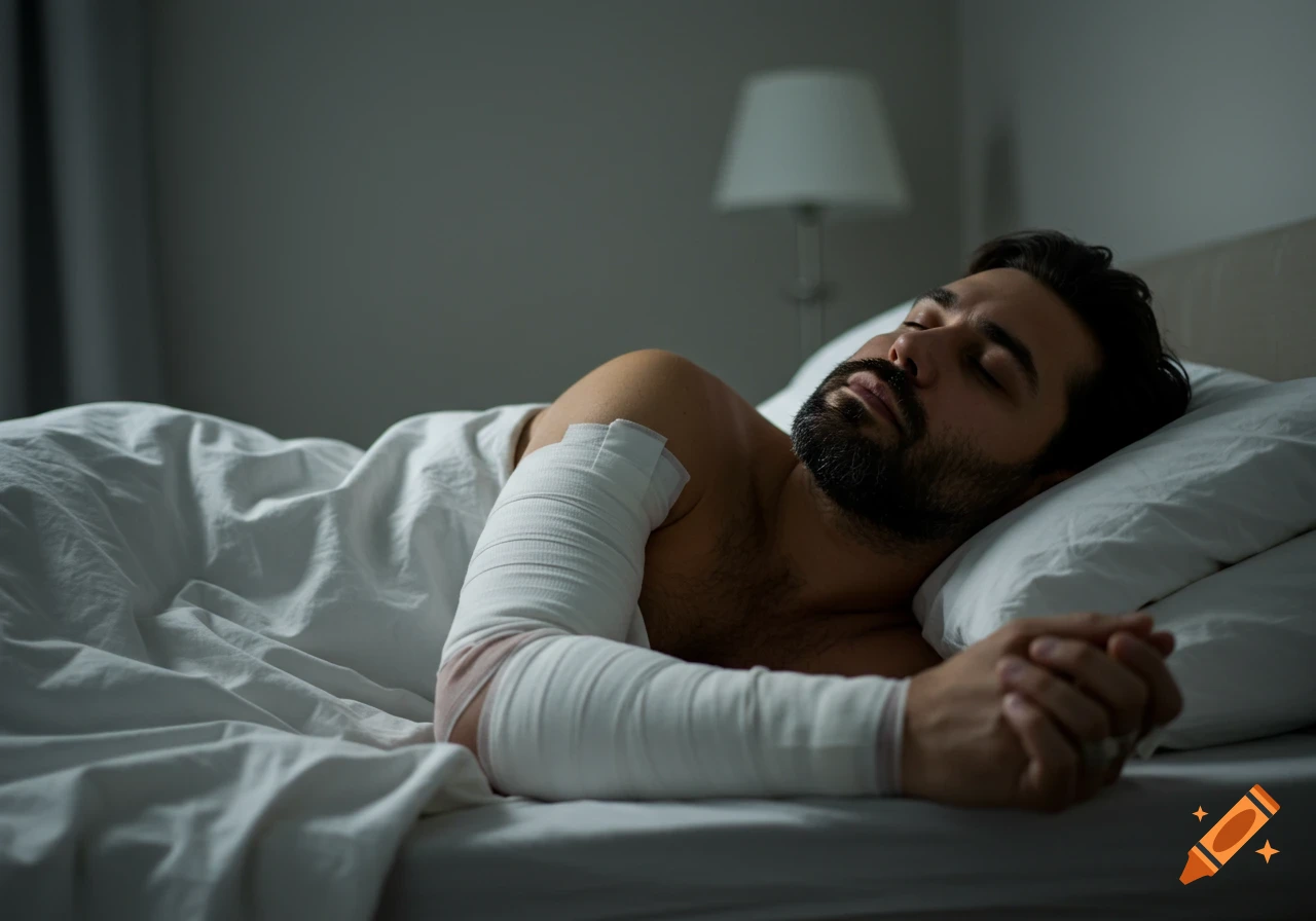 Man sleeping in bed with bandaged arm