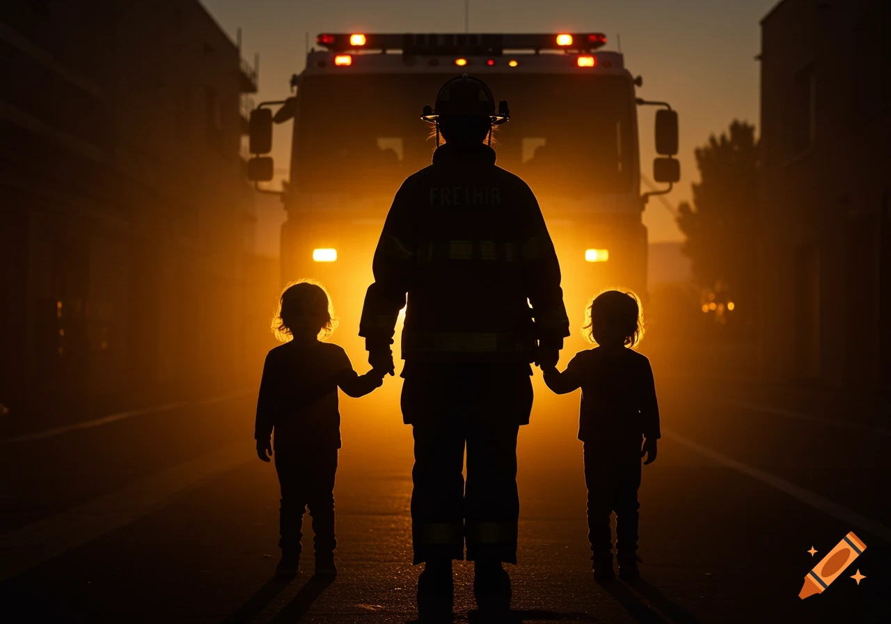 Silhouette of firefighter holding hands with two children in front of a firetruck at sunset.