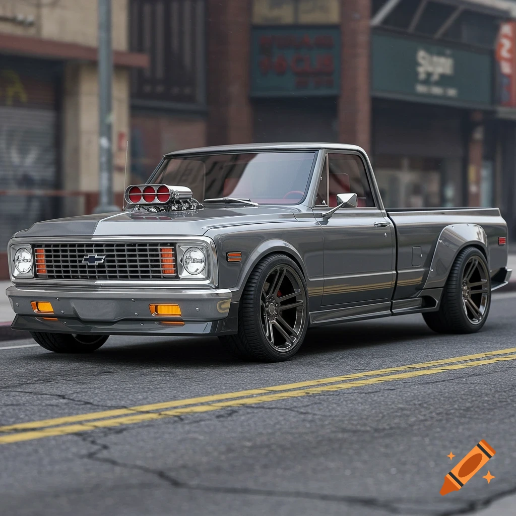 A customized grey pickup truck with large wheels and engine detail parked on a street.