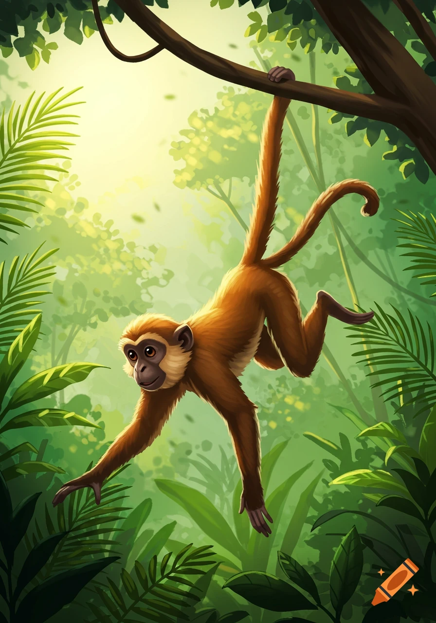 Illustration of a monkey swinging from a tree in a jungle.