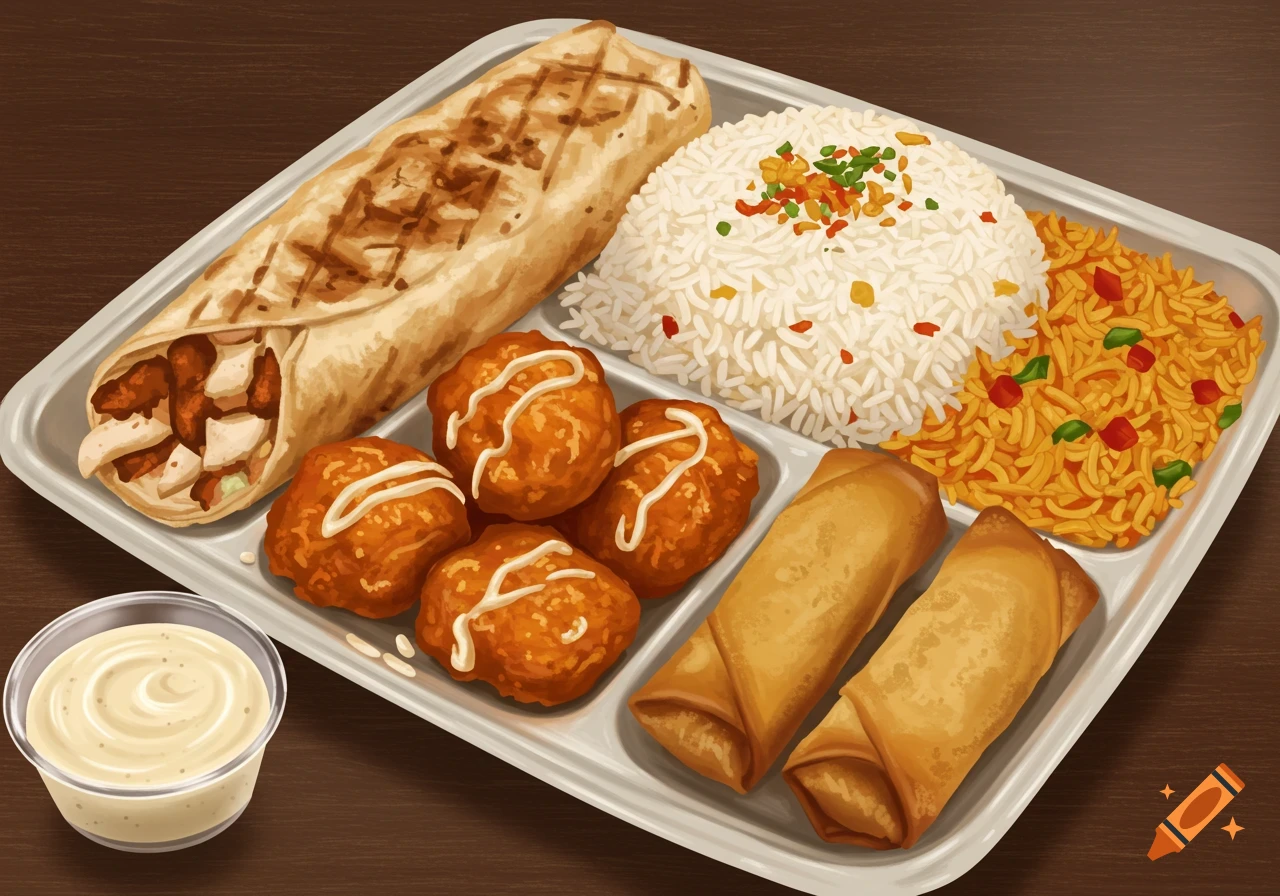 A close-up view of a tray of food including a shawarma wrap, chicken bites, rice, spring rolls, and sauce in an illustrative style.