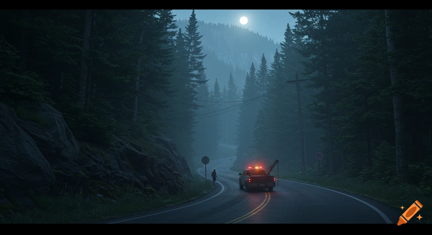 A tow truck drives on a foggy mountain road through a dense pine forest at night, under a full moon. A person walks on the side of the road.