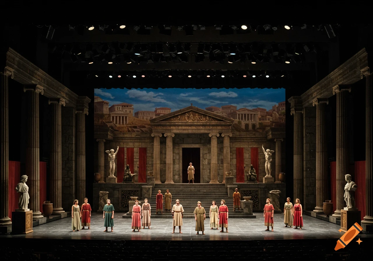Theatre stage set depicting an ancient temple with actors in costume