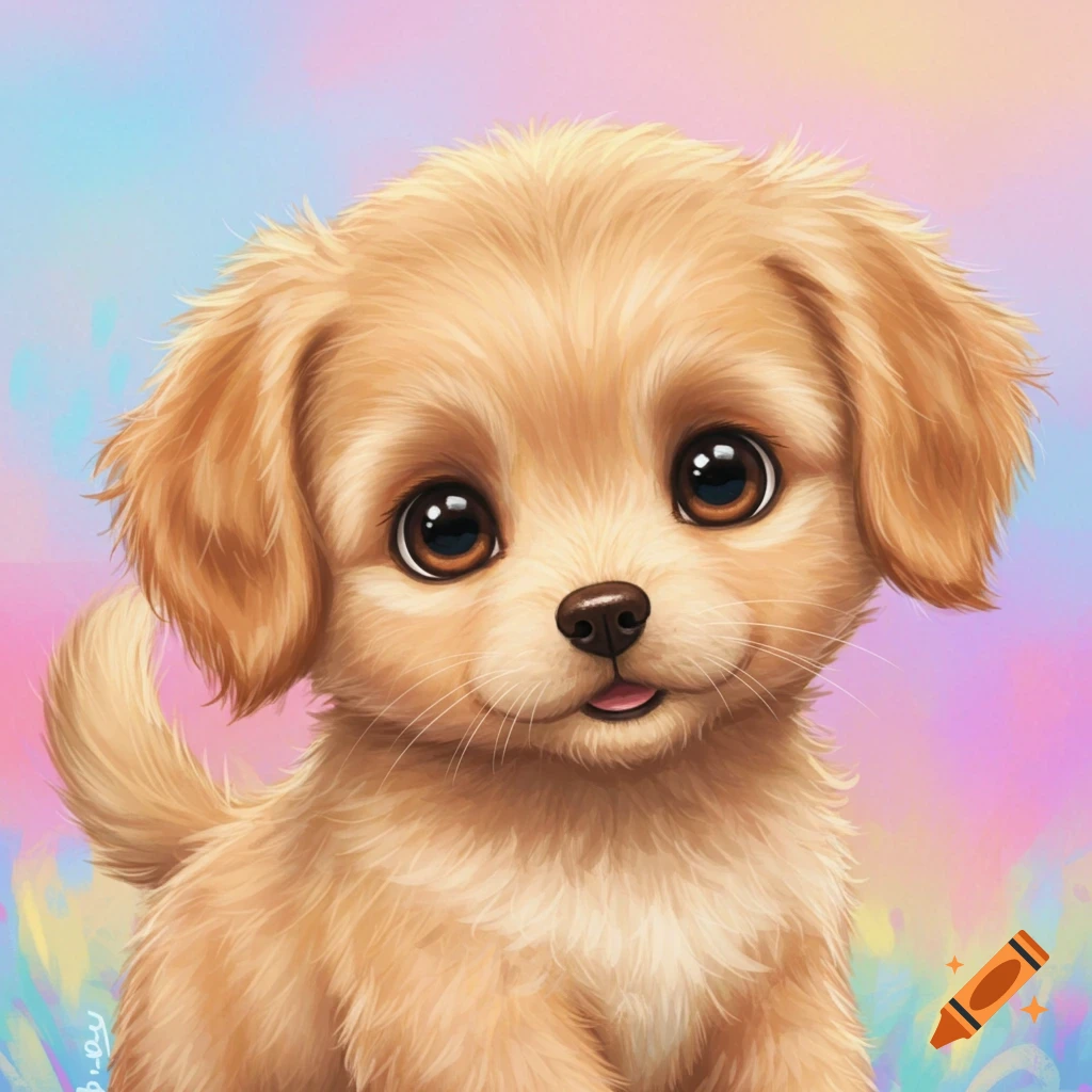 Cute illustration of a golden puppy with big eyes against a pastel background.