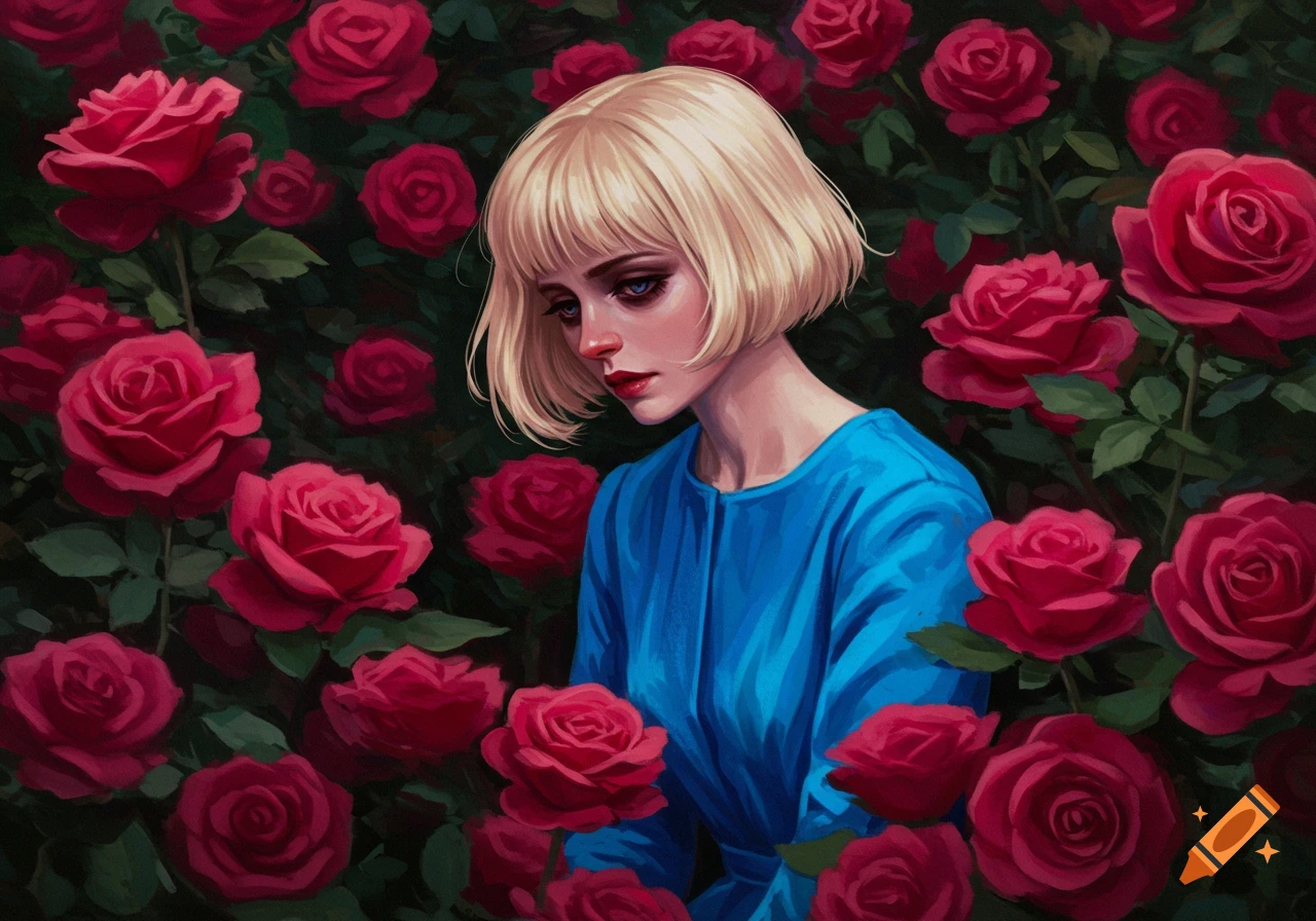 A sad-looking blonde woman in a blue dress is surrounded by red roses in a garden, painted style.