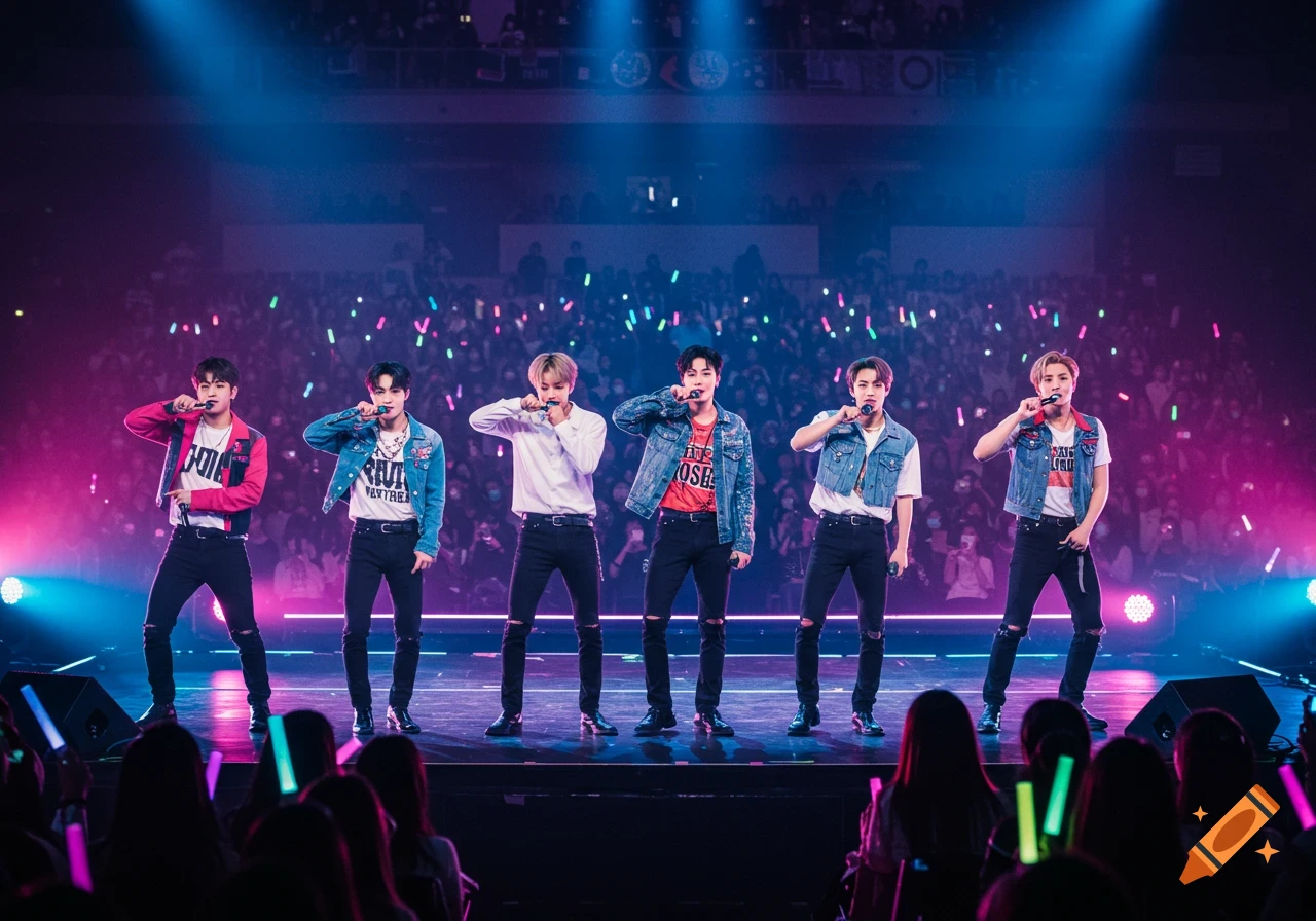 Kpop group performing on stage at a concert in front of a crowd with light sticks