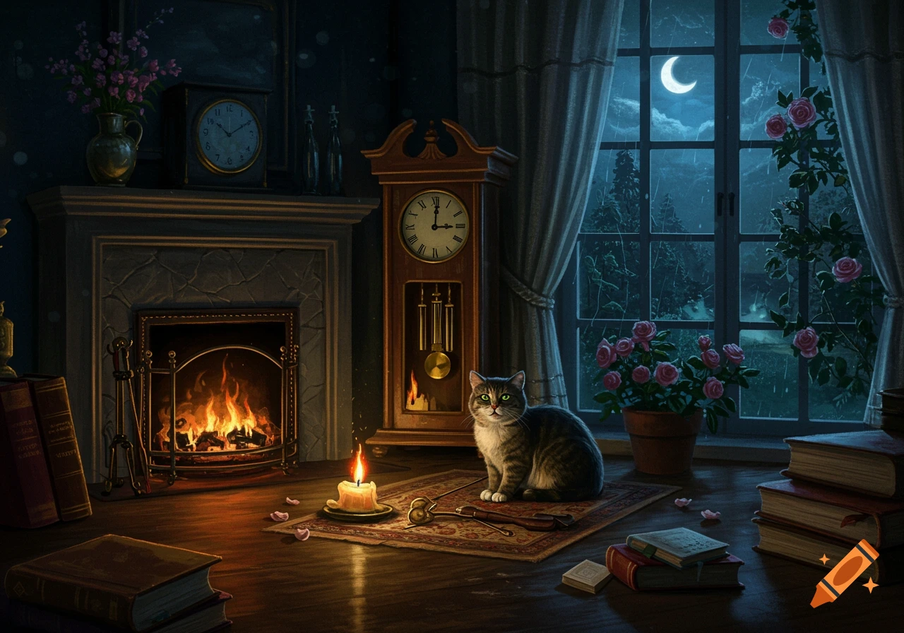 A tabby cat sits on a rug by a fireplace and window at night, surrounded by books and clocks.