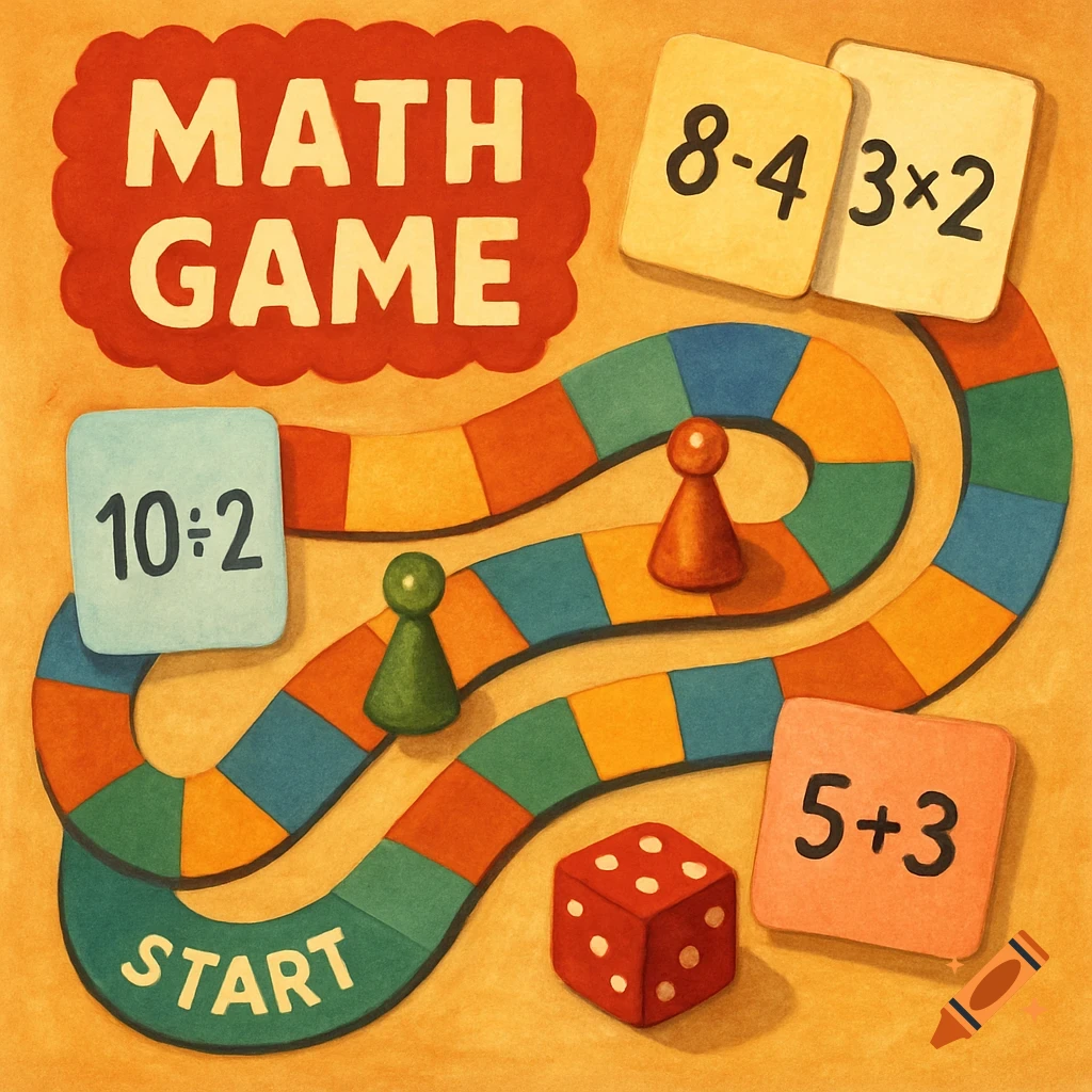 A math board game with pieces, a die, and cards showing math problems.