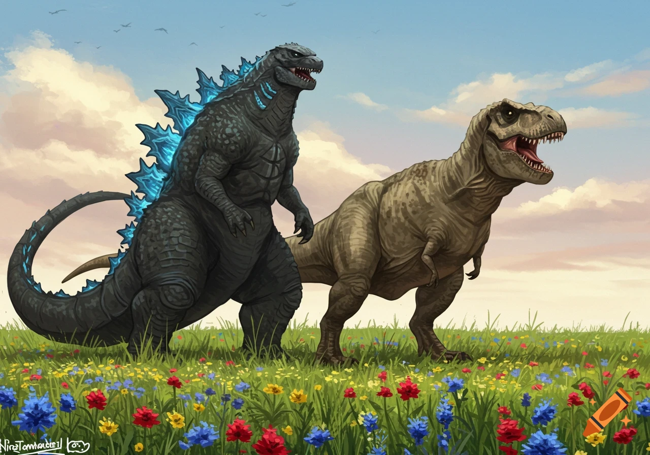 Godzilla and a Tyrannosaurus Rex stand in a field of colorful flowers.