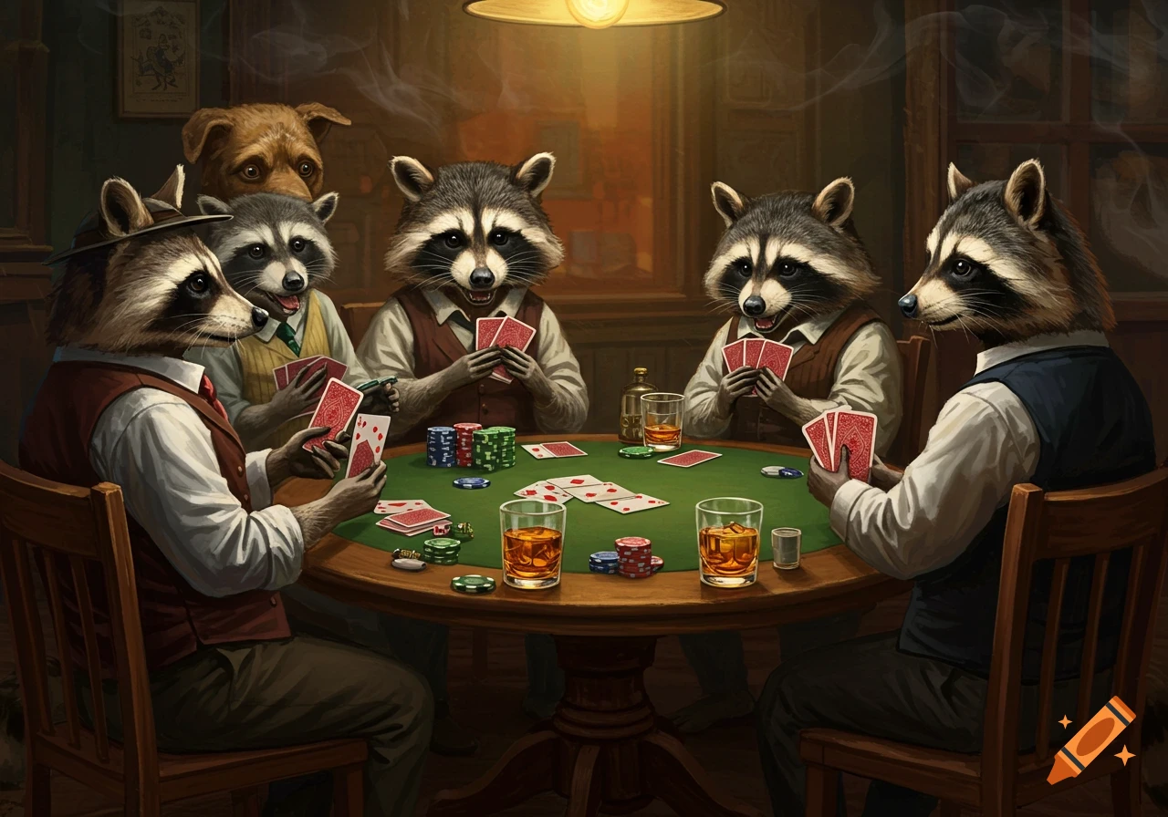 Anthropomorphic raccoons and a dog play poker around a table in a dimly lit room, in the style of the iconic painting.
